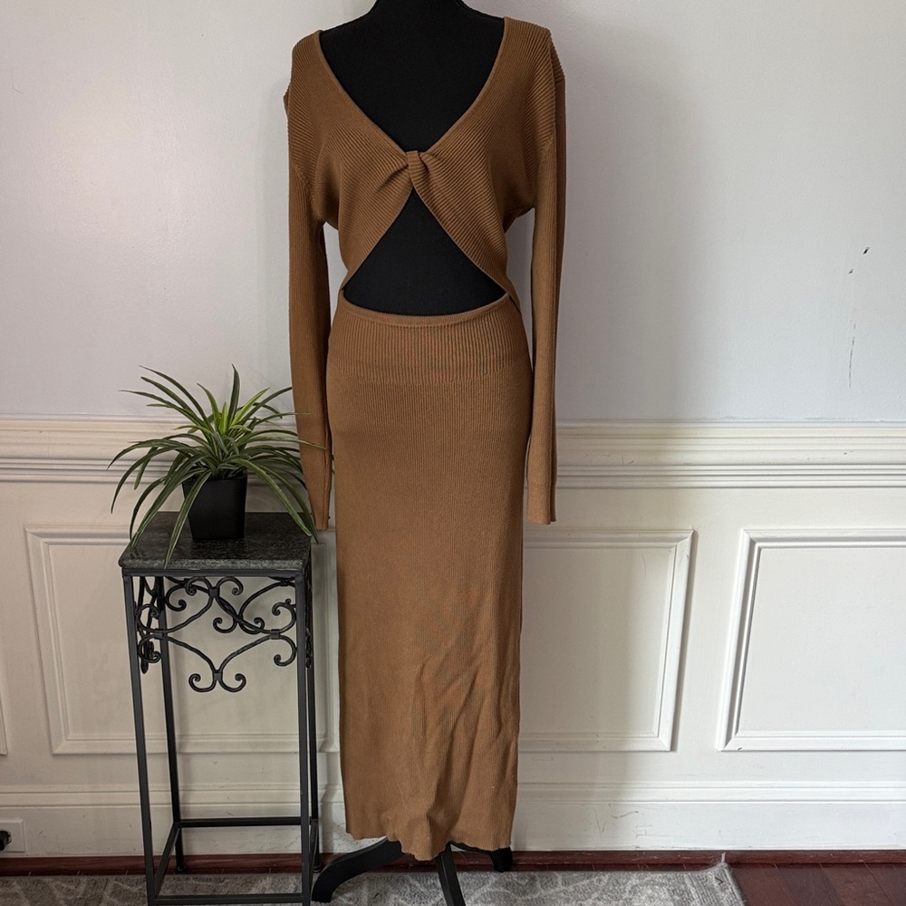 House of Harlow 1960 Brown Ribbed Cutout Sexy Maxi Long Sleeve Dress L